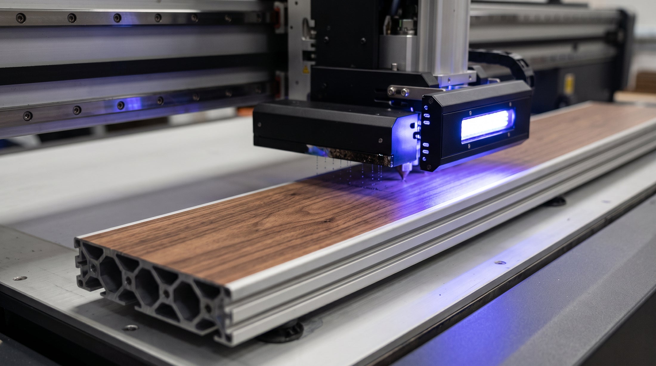 Flatbed UV printer laying and curing wood-grain ink along an aluminum extrusion